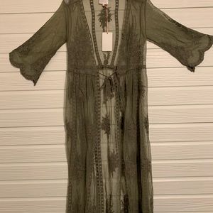 Long Sage Lace Kimono Duster